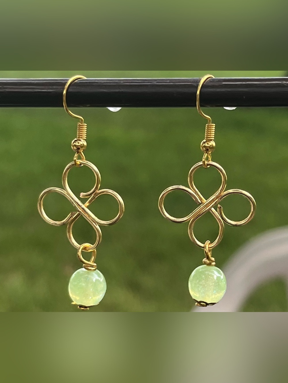 Gold-Tone Clover Earrings with Green Bead